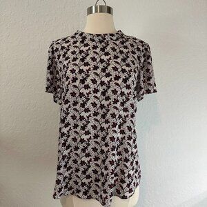 Premise M Easy Fit Short Sleeve button Back Dressy Blouse Red Black Floral Print
